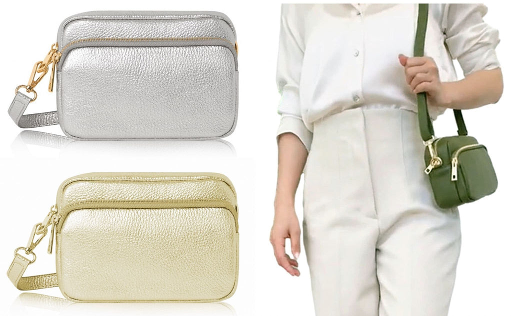 Small Crossbody Shoulder Bag Double Zipped & Compartments Italian Leather Handbag  (Lighter Colours)