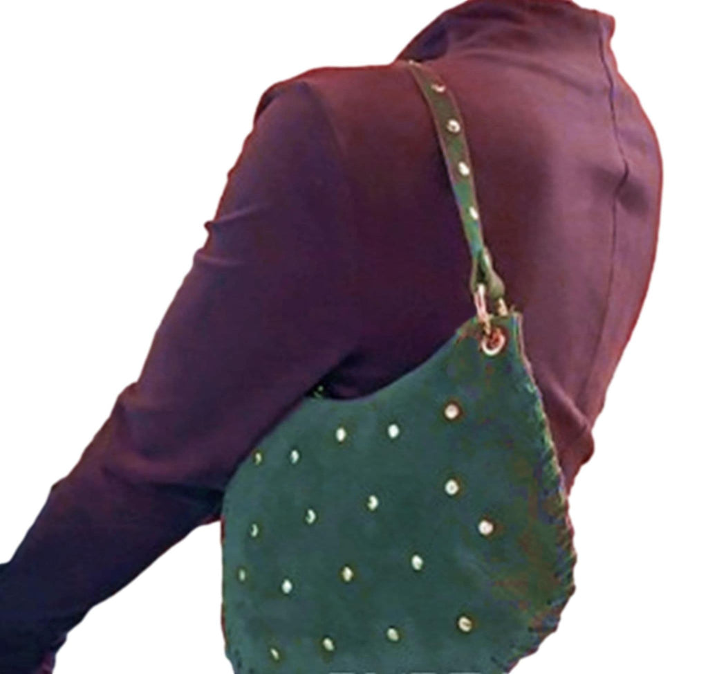 Small Suede Studded Shoulder & Crossbody Bag Italian Suede With 2 Handles (Long & Short)
