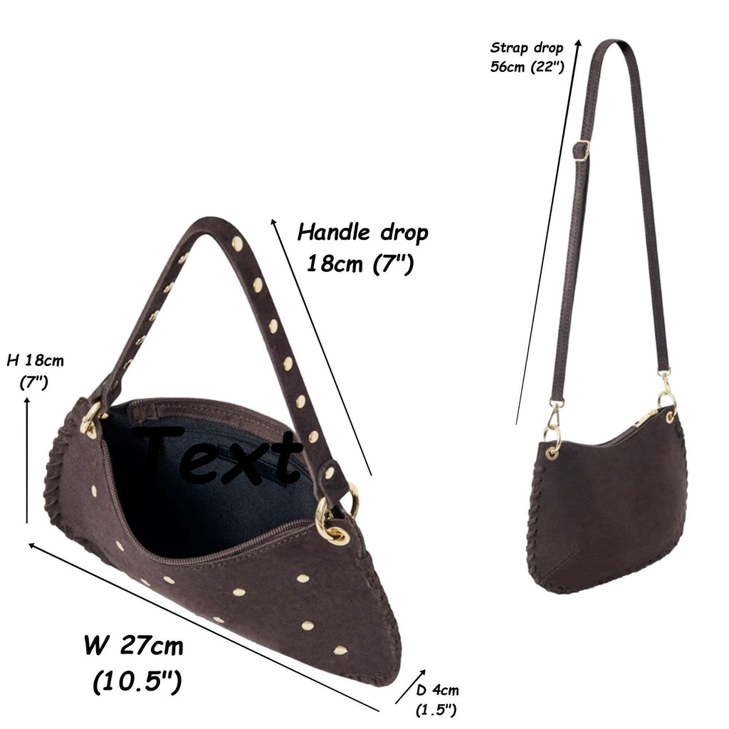 Small Suede Studded Shoulder & Crossbody Bag Italian Suede With 2 Handles (Long & Short)