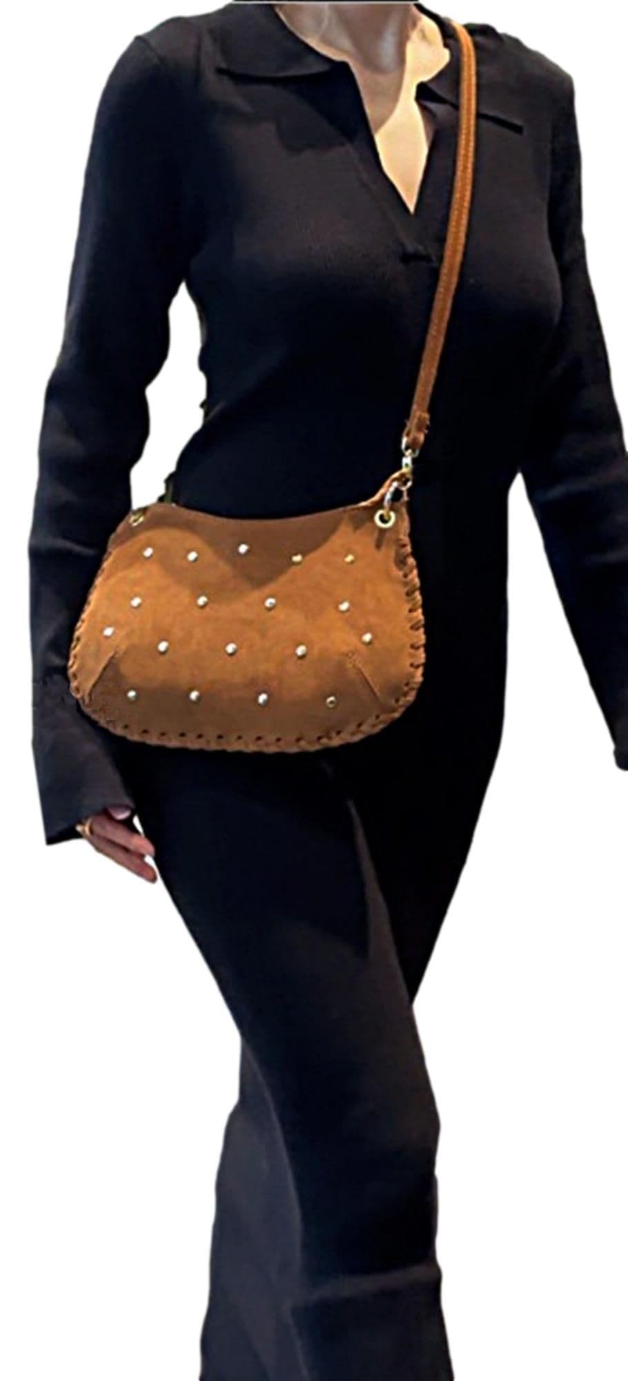 Small Suede Studded Shoulder & Crossbody Bag Italian Suede With 2 Handles (Long & Short)