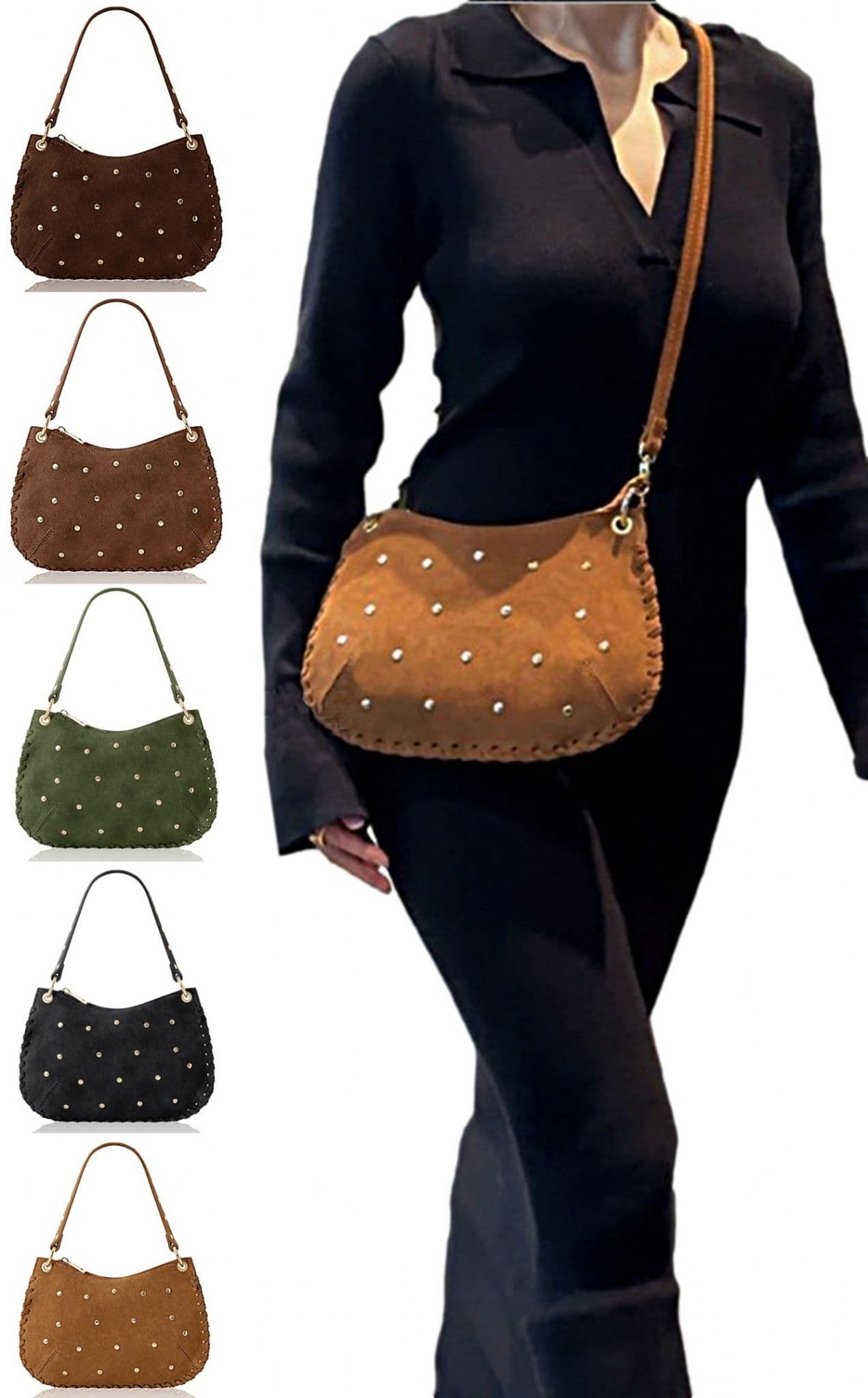 Small Suede Studded Shoulder & Crossbody Bag Italian Suede With 2 Handles (Long & Short)