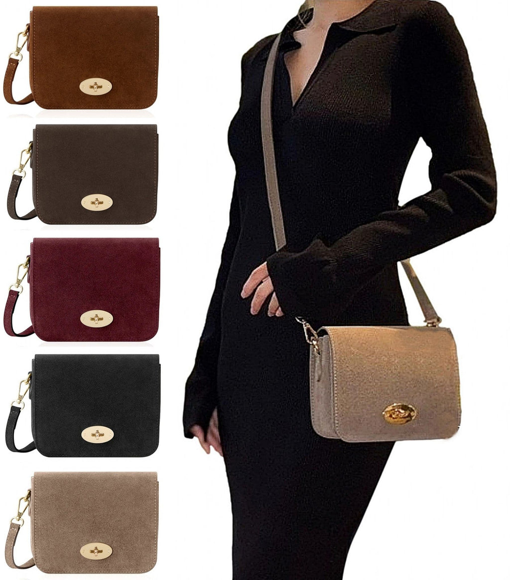 Suede Crossbody Bag Turn Lock Shoulder Bag Saddle Style Bag