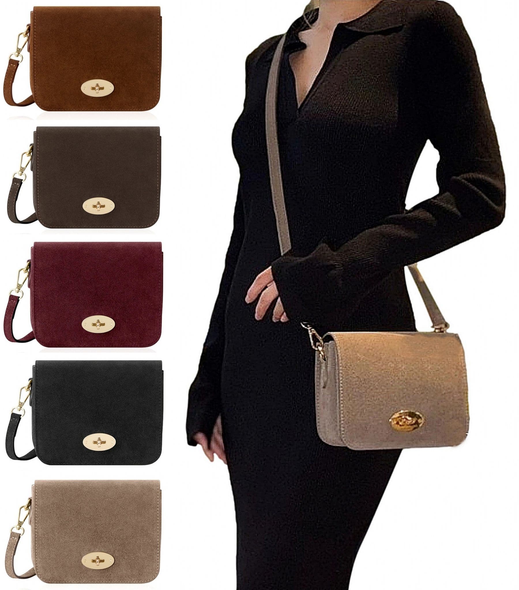 Suede Crossbody Bag Turn Lock Shoulder Bag Saddle Style Bag