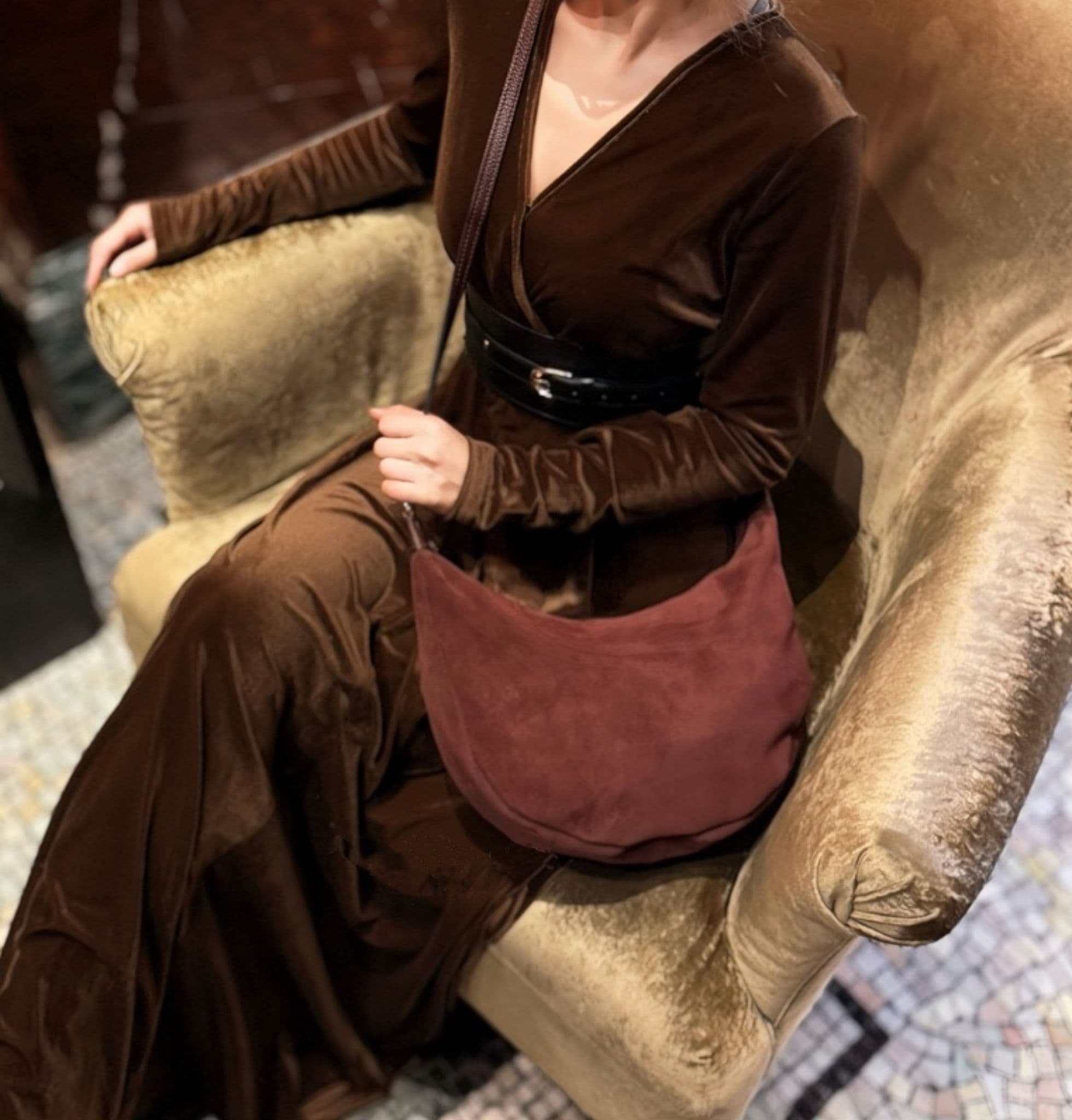 Suede Shoulder & Crossbody Bag Italian Suede & Leather With 2 Handles (Long & Short)