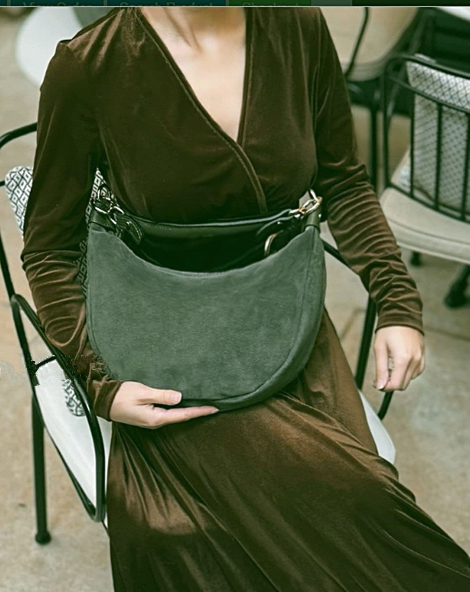 Suede Shoulder & Crossbody Bag Italian Suede & Leather With 2 Handles (Long & Short)