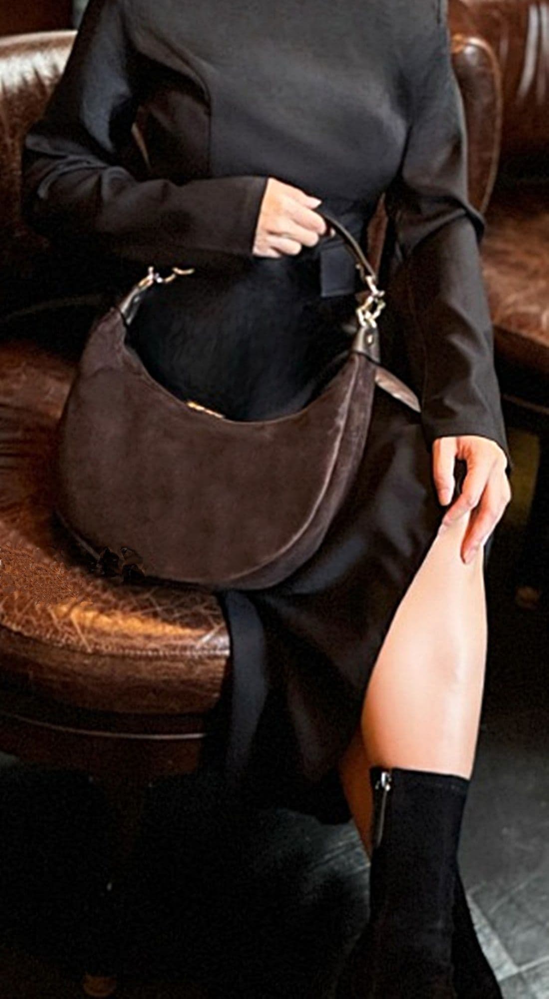 Suede Shoulder & Crossbody Bag Italian Suede & Leather With 2 Handles (Long & Short)