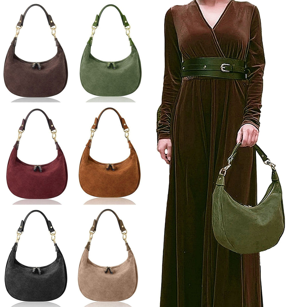 Suede Shoulder & Crossbody Bag Italian Suede & Leather With 2 Handles (Long & Short)
