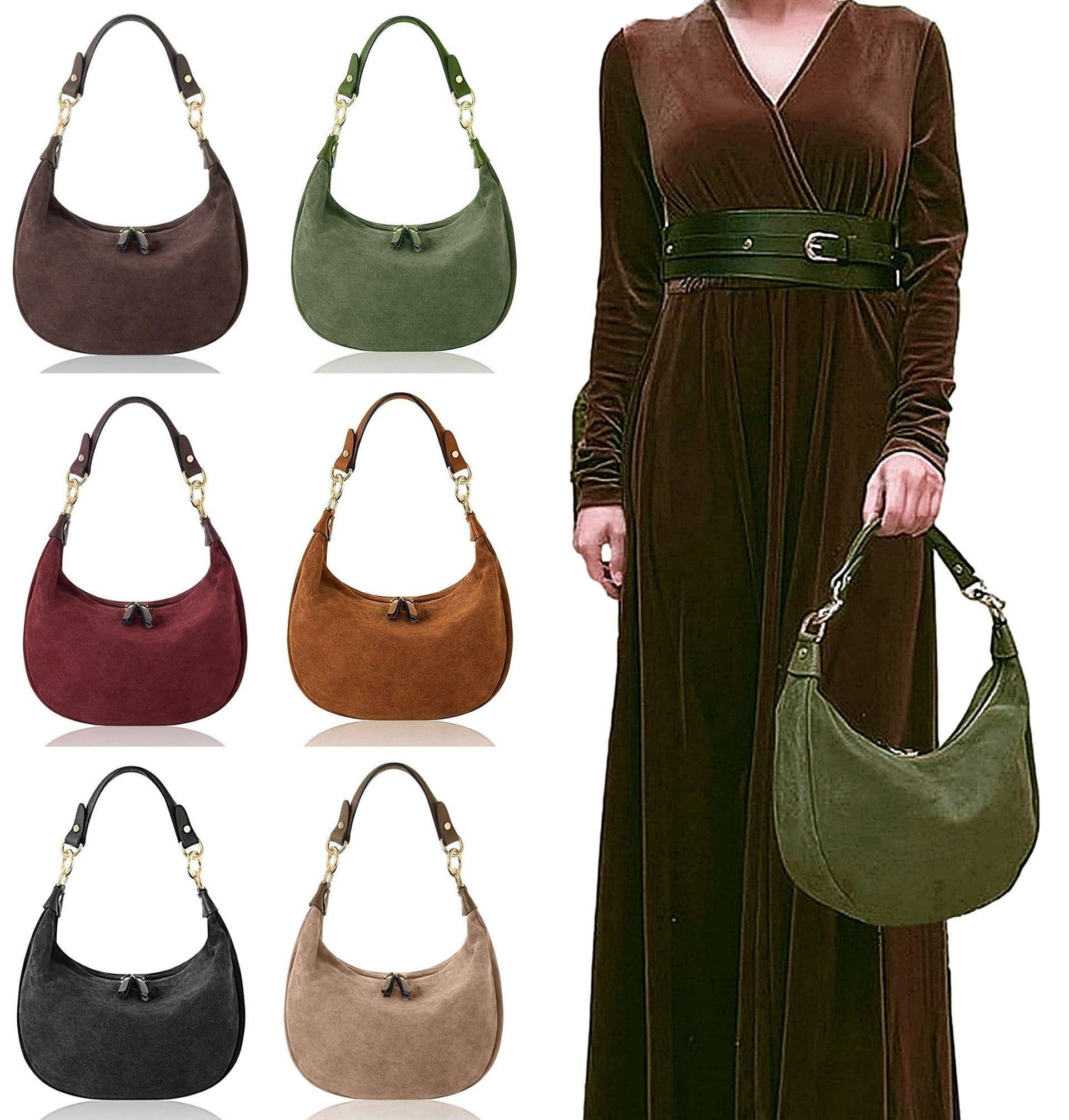 Suede Shoulder & Crossbody Bag Italian Suede & Leather With 2 Handles (Long & Short)