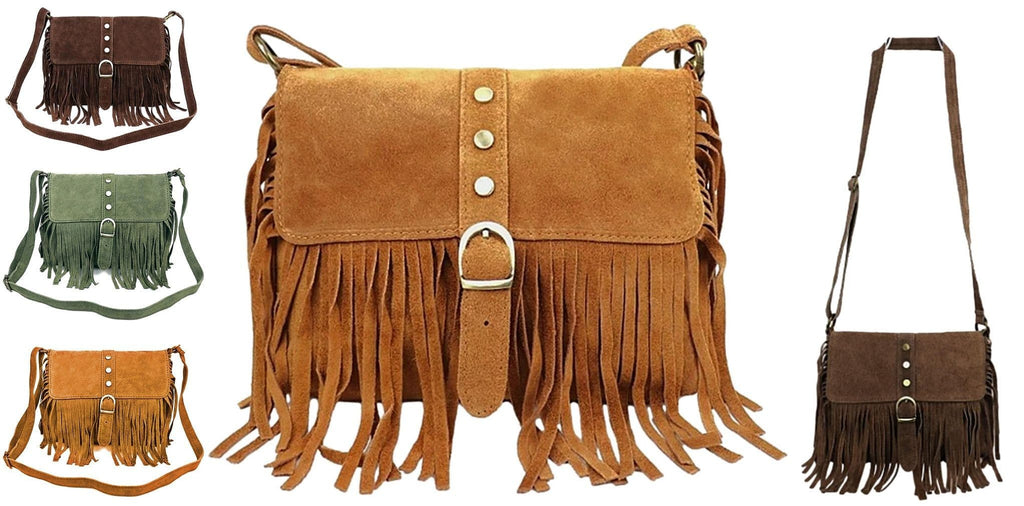 Suede Tassel Crossbody Bag Shoulder Bag Italian Suede Adjustable Length Strap (Med)