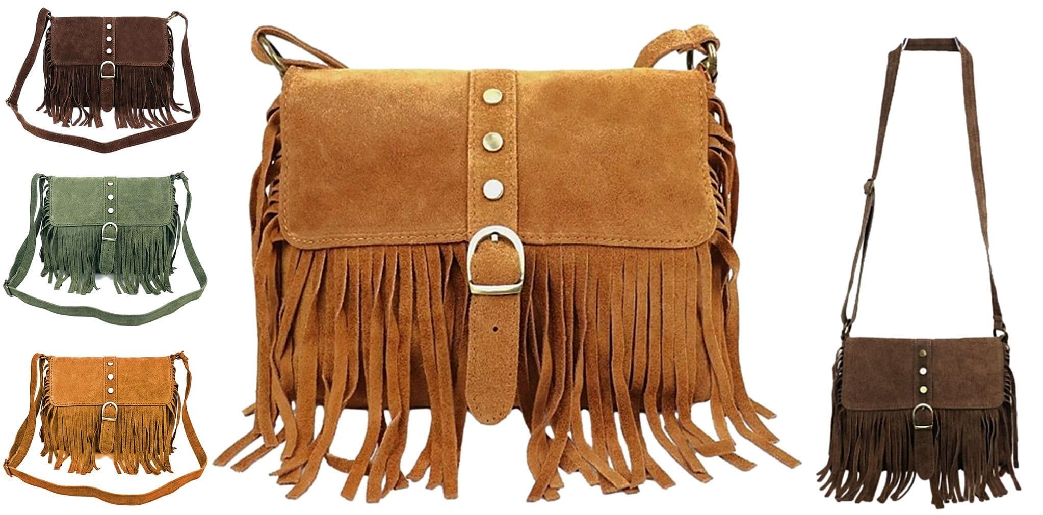 Suede Tassel Crossbody Bag Shoulder Bag Italian Suede Adjustable Length Strap (Med)