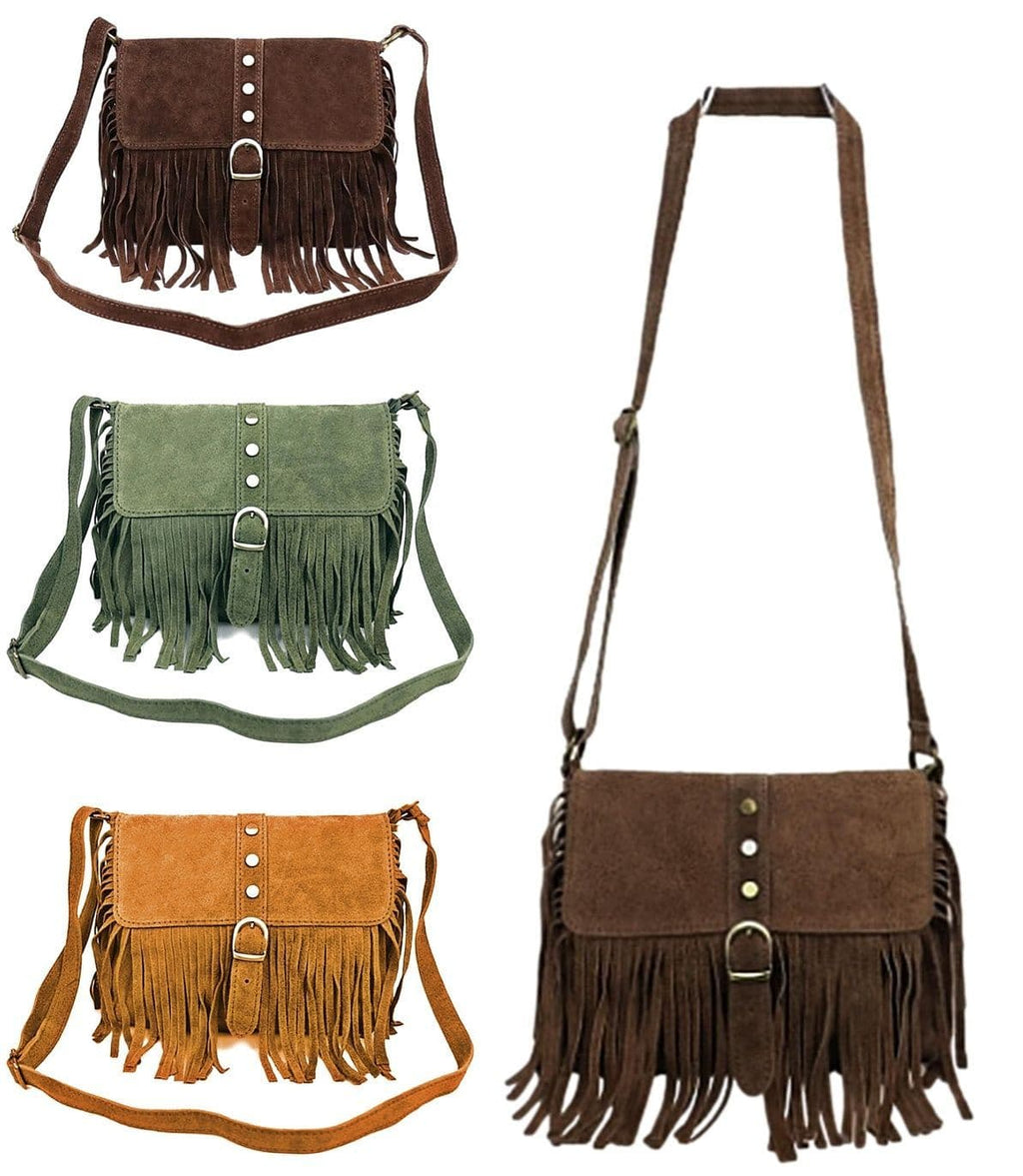 Suede Tassel Crossbody Bag Shoulder Bag Italian Suede Adjustable Length Strap (Med)