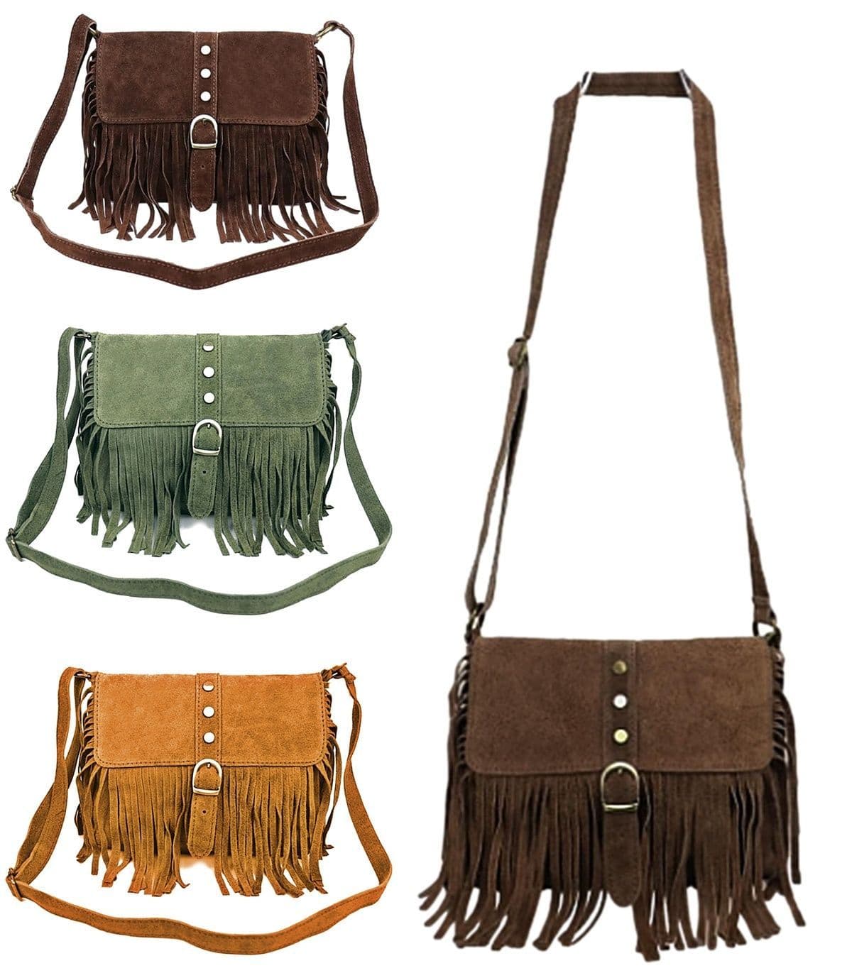 Suede Tassel Crossbody Bag Shoulder Bag Italian Suede Adjustable Length Strap (Med)