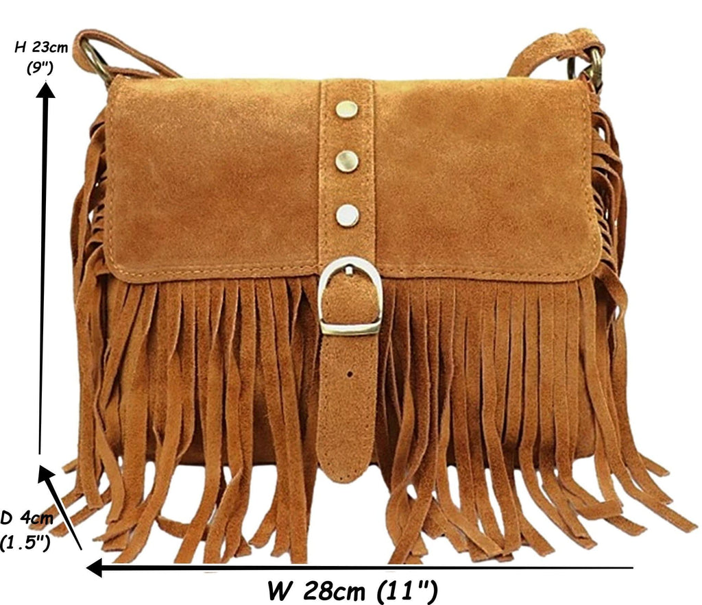 Suede Tassel Crossbody Bag Shoulder Bag Italian Suede Adjustable Length Strap (Med)