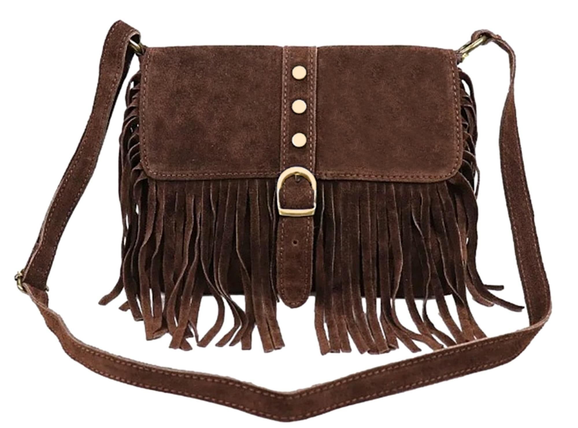 Suede Tassel Crossbody Bag Shoulder Bag Italian Suede Adjustable Length Strap (Med)