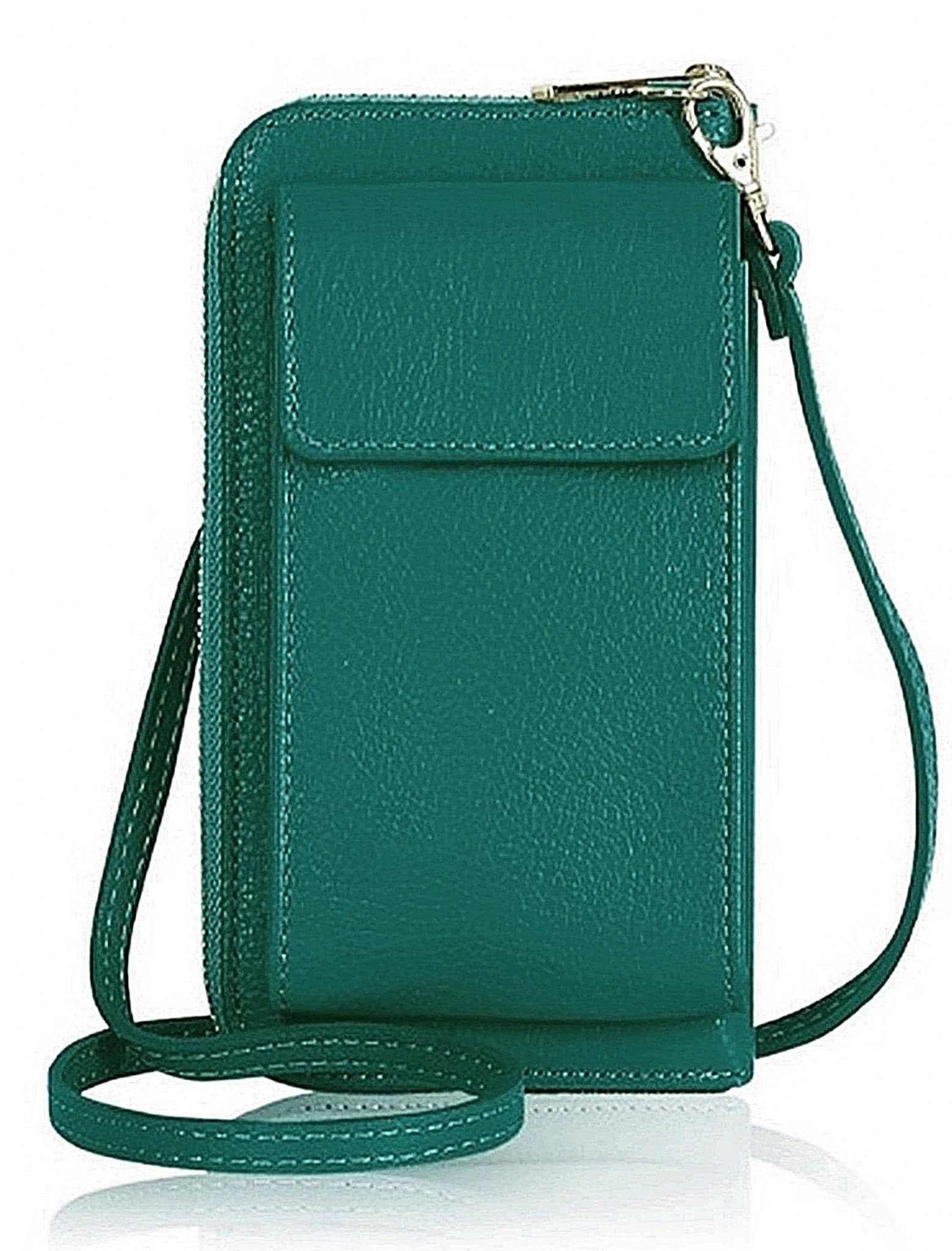 Leather Phone Bag Purse Crossbody Shoulder Bag  Pouch Wallet Clutch Metallic (Silver Trims)