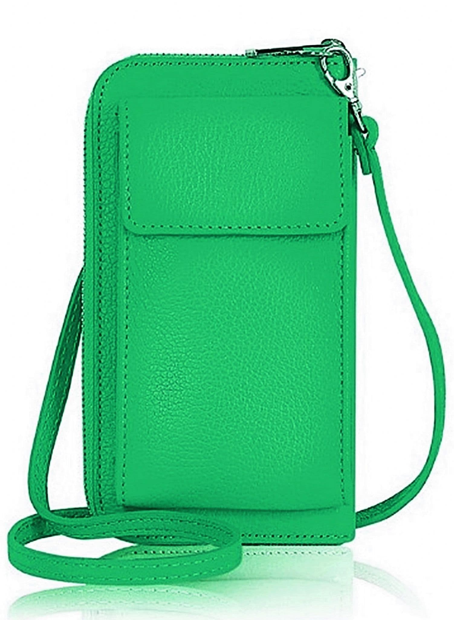 Leather Phone Bag Purse Crossbody Shoulder Bag  Pouch Wallet Clutch Metallic (Silver Trims)