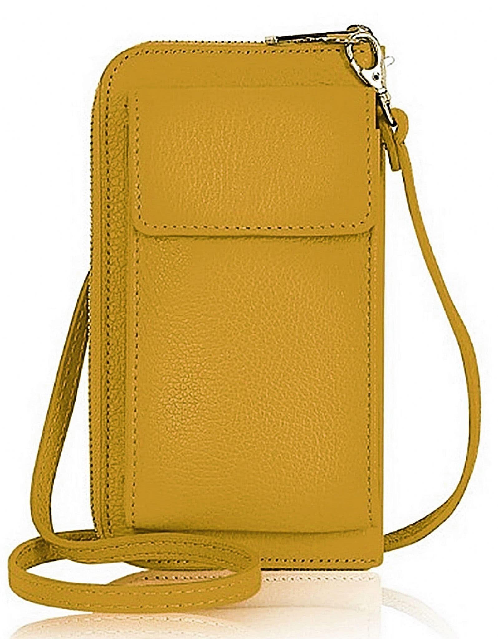 Leather Phone Bag Purse Crossbody Shoulder Bag  Pouch Wallet Clutch Metallic (Silver Trims)