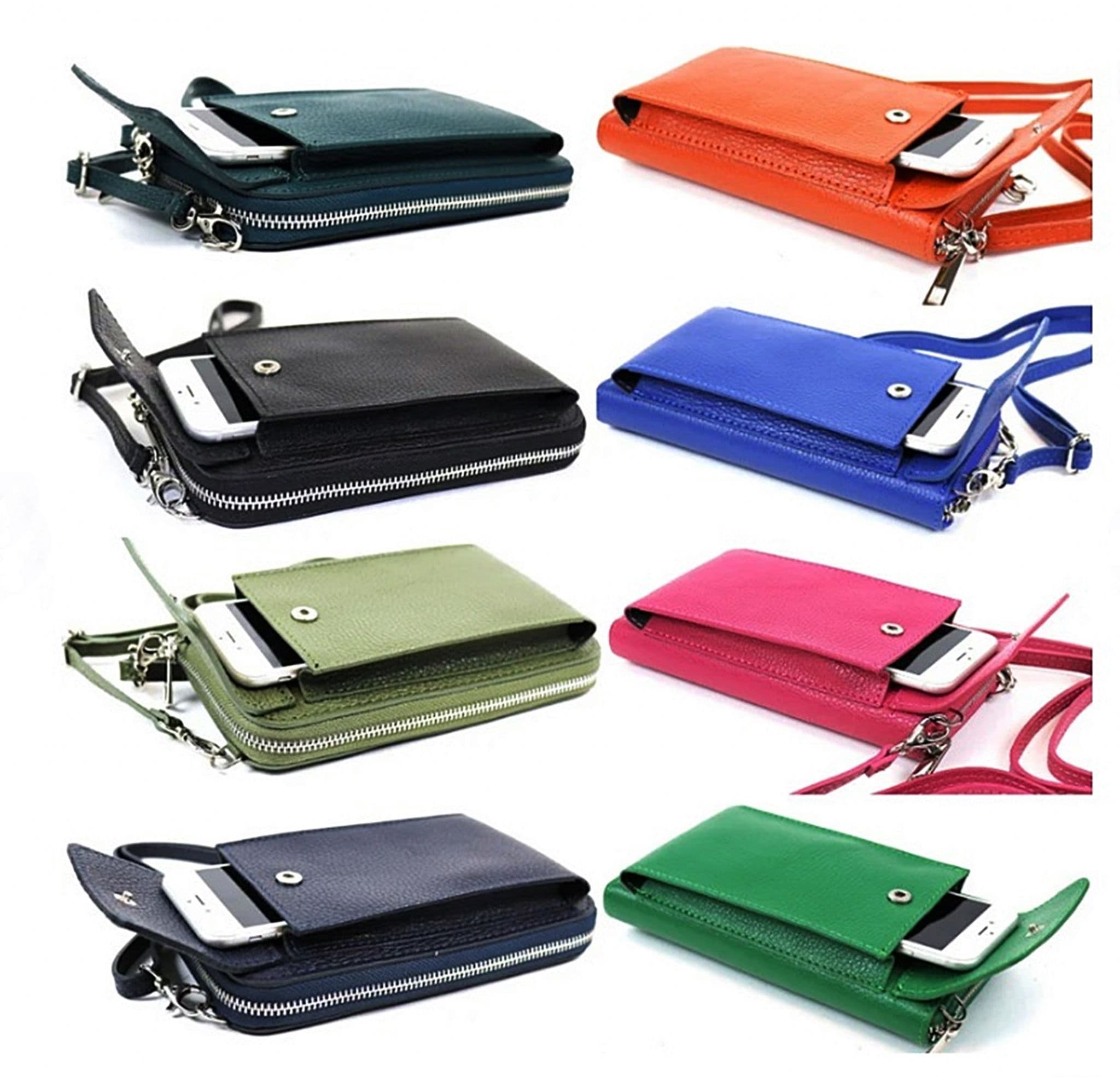 Leather Phone Bag Purse Crossbody Shoulder Bag  Pouch Wallet Clutch Metallic (Silver Trims)