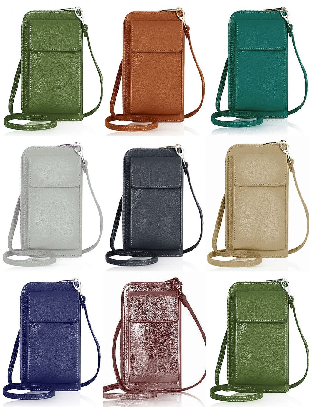 Leather Phone Bag Purse Crossbody Shoulder Bag  Pouch Wallet Clutch Metallic (Silver Trims)