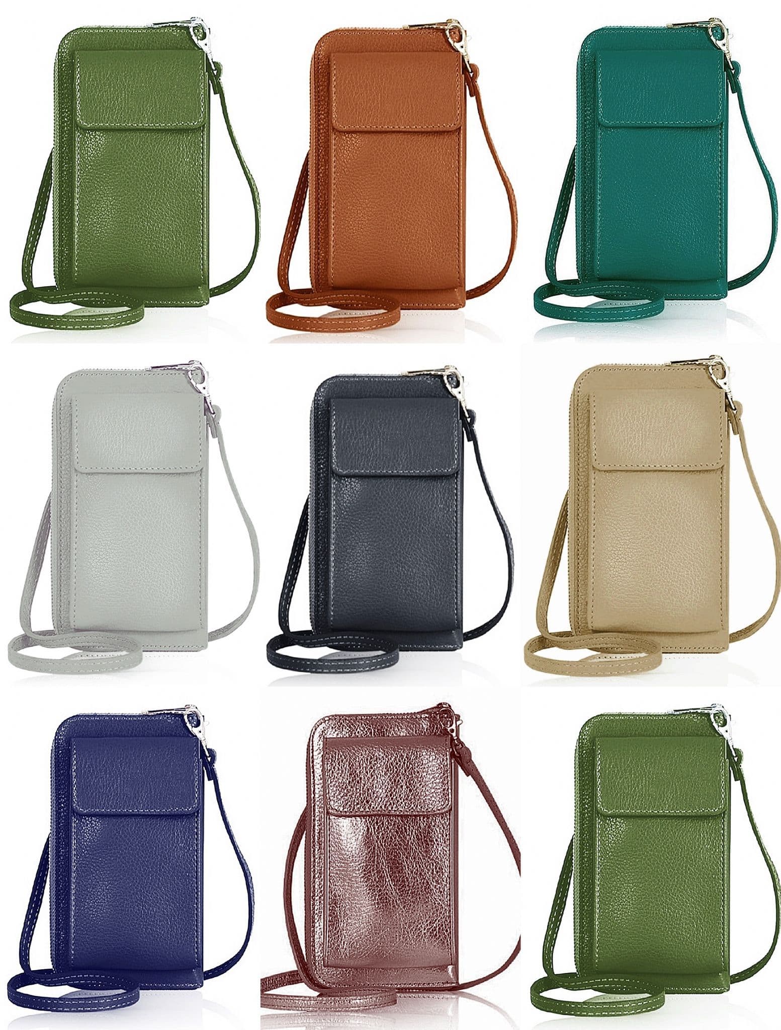 Leather Phone Bag Purse Crossbody Shoulder Bag  Pouch Wallet Clutch Metallic (Silver Trims)