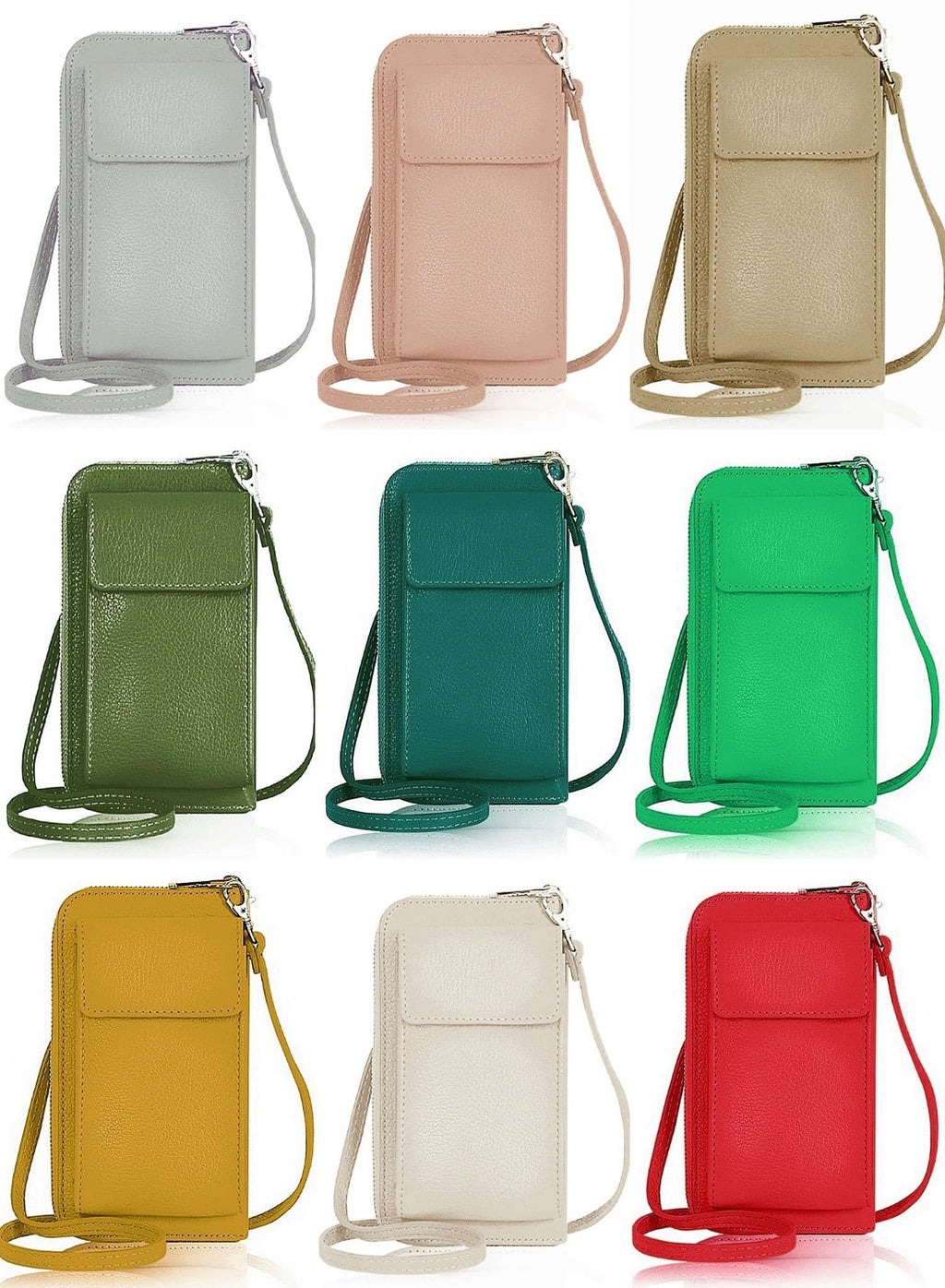 Leather Phone Bag Purse Crossbody Shoulder Bag  Pouch Wallet Clutch Metallic (Silver Trims)