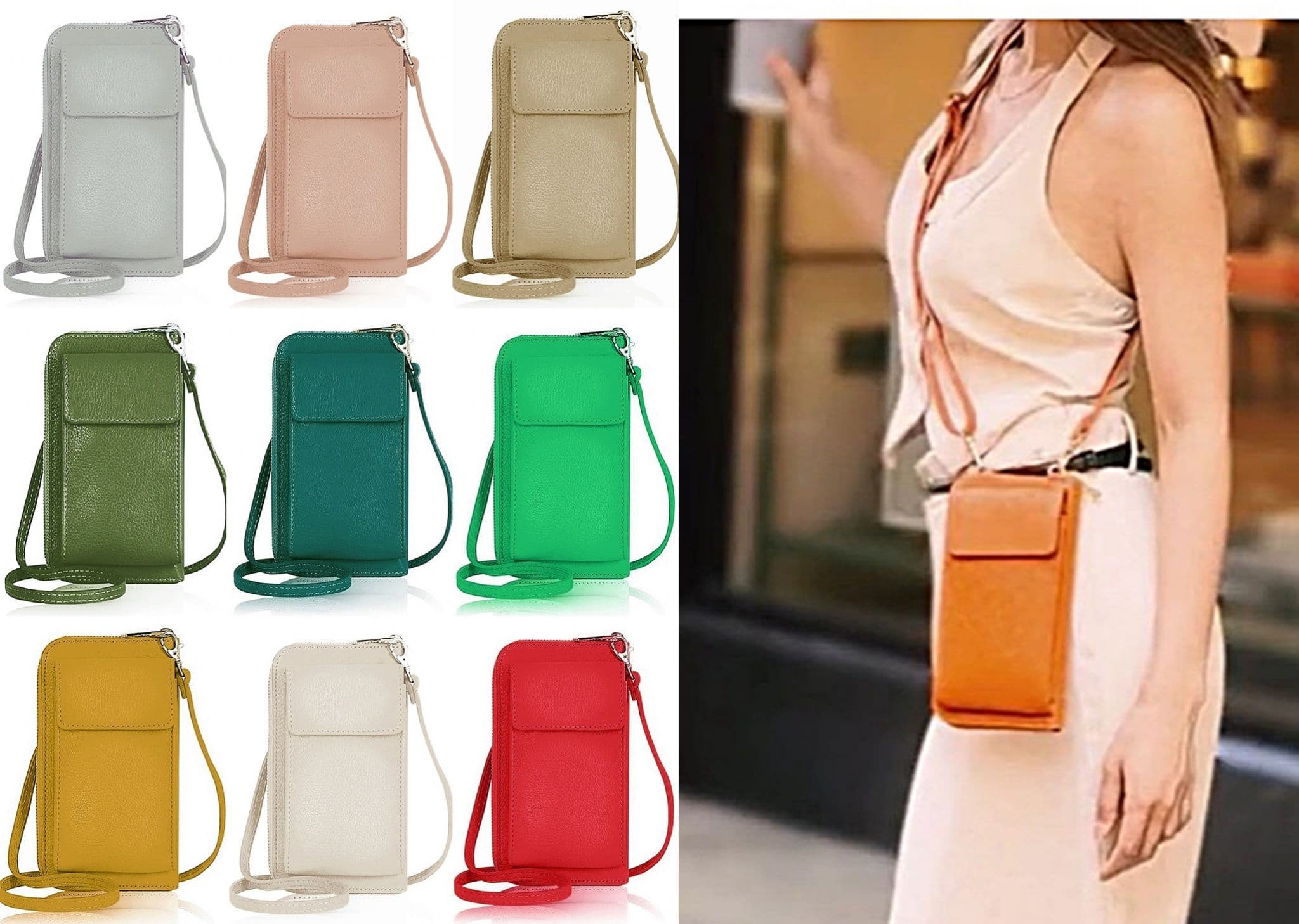 Leather Phone Bag Purse Crossbody Shoulder Bag  Pouch Wallet Clutch Metallic (Silver Trims)