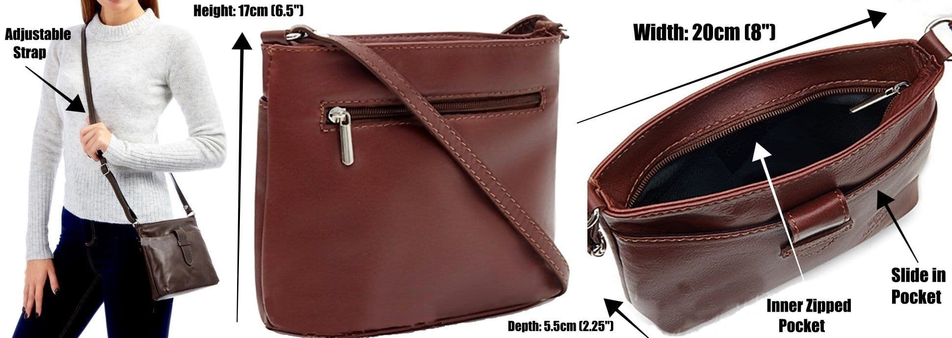 Vera Pelle Crossbody Shoulder Bag with Adjustable Strap Soft Italian Leather