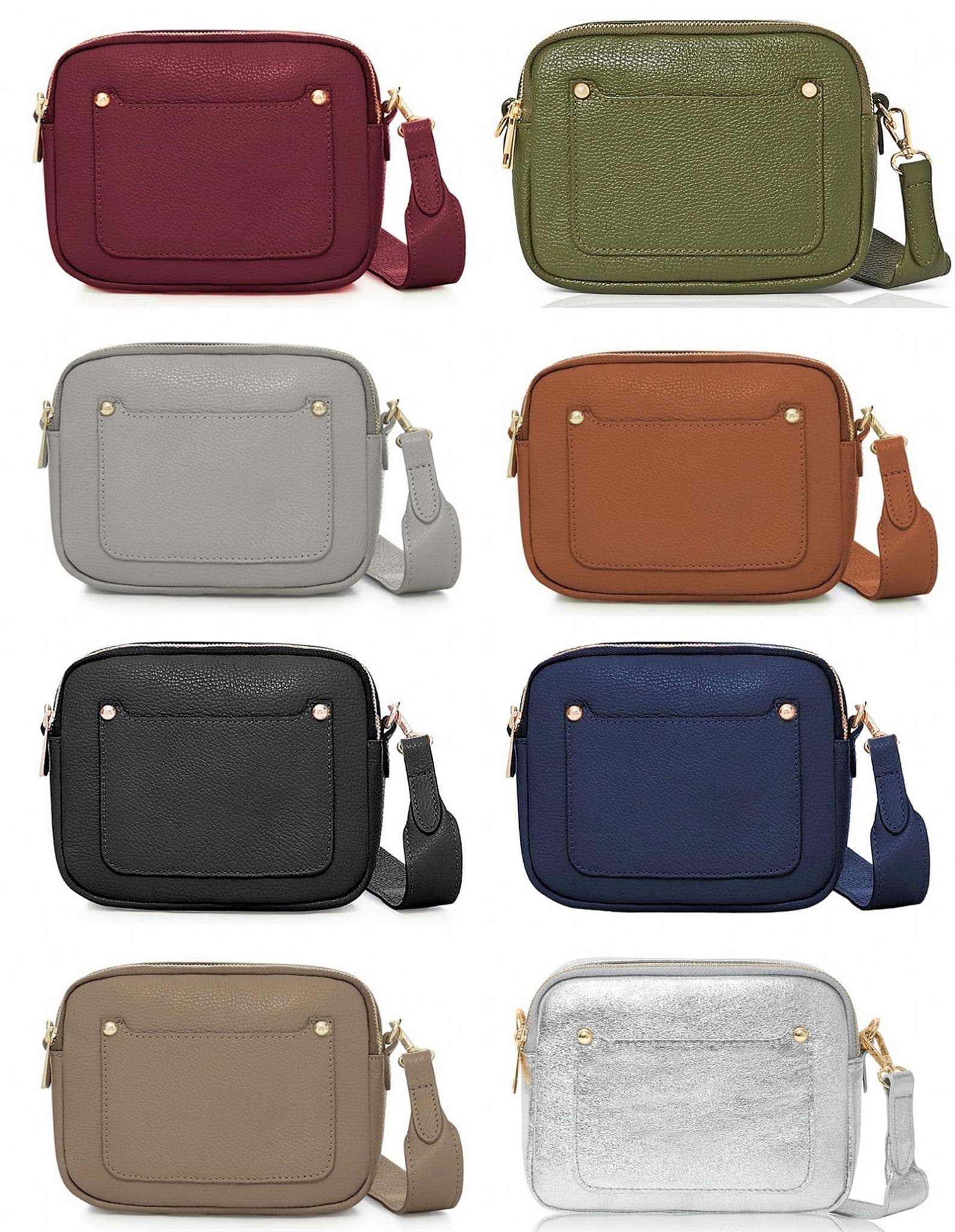 Vera Pelle Metallic Camera Style Bag With Double Compartments  Zips Crossbody Bag Italian Leather