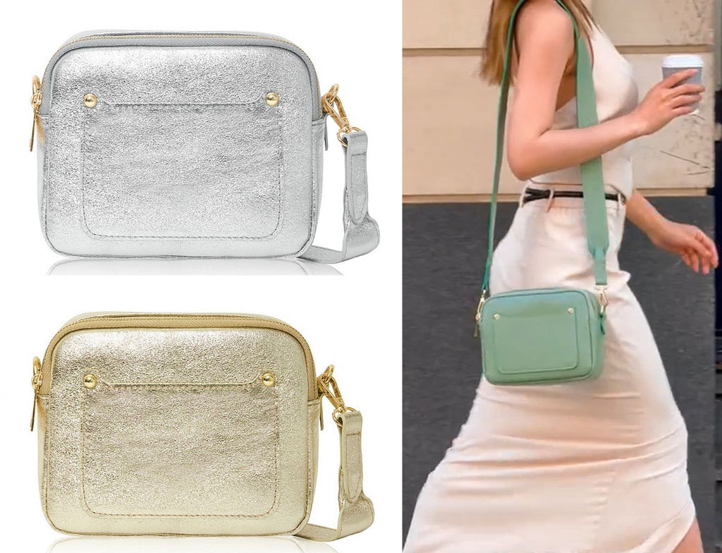 Vera Pelle Metallic Camera Style Bag With Double Compartments  Zips Crossbody Bag Italian Leather