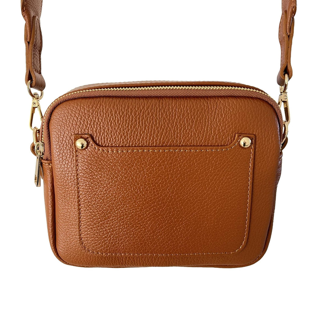 Vera Pelle Metallic Camera Style Bag With Double Compartments  Zips Crossbody Bag Italian Leather