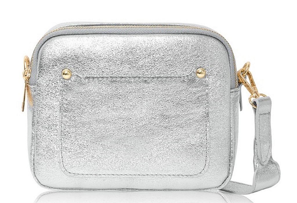 Vera Pelle Metallic Camera Style Bag With Double Compartments  Zips Crossbody Bag Italian Leather