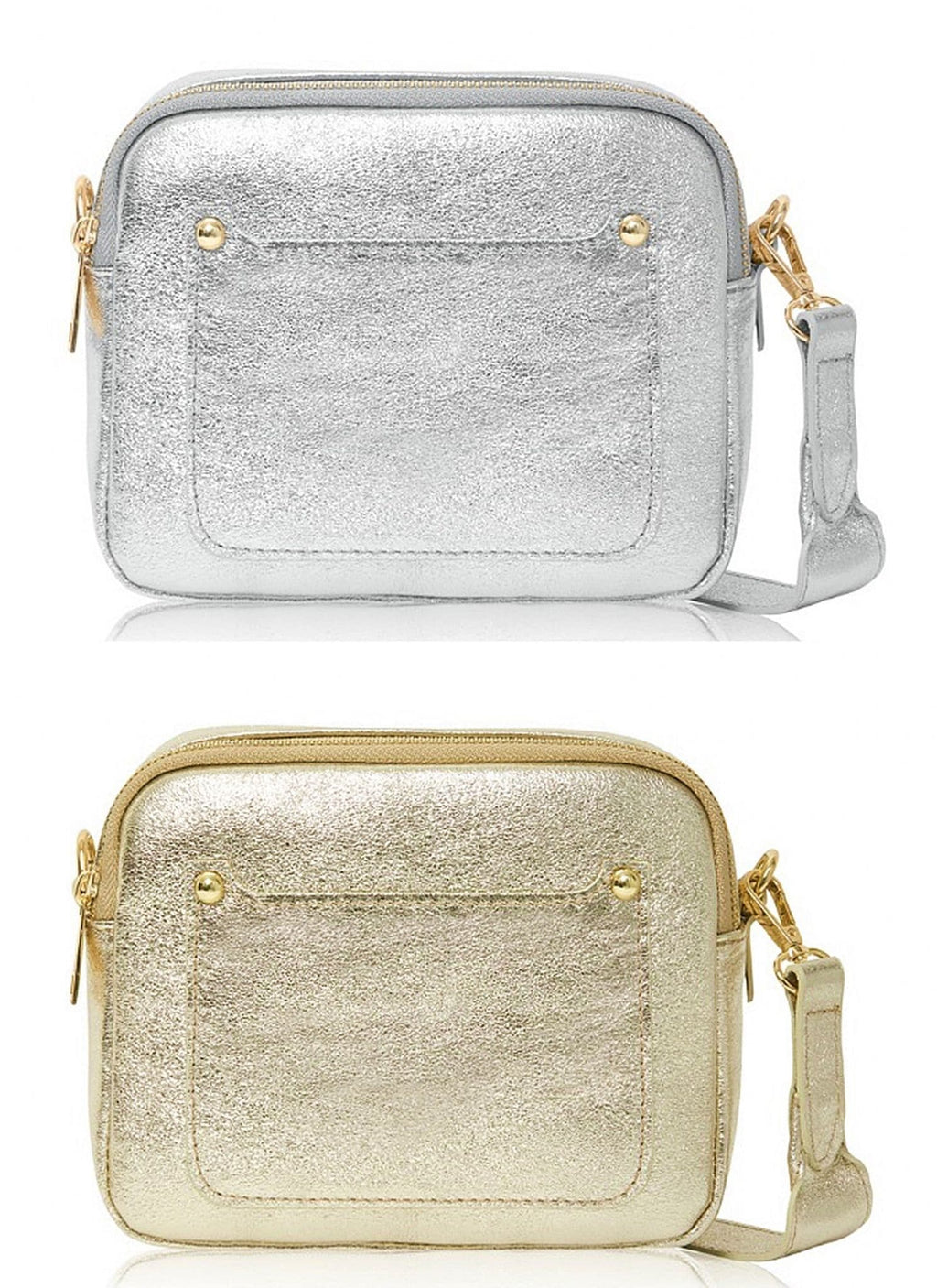 Vera Pelle Metallic Camera Style Bag With Double Compartments  Zips Crossbody Bag Italian Leather
