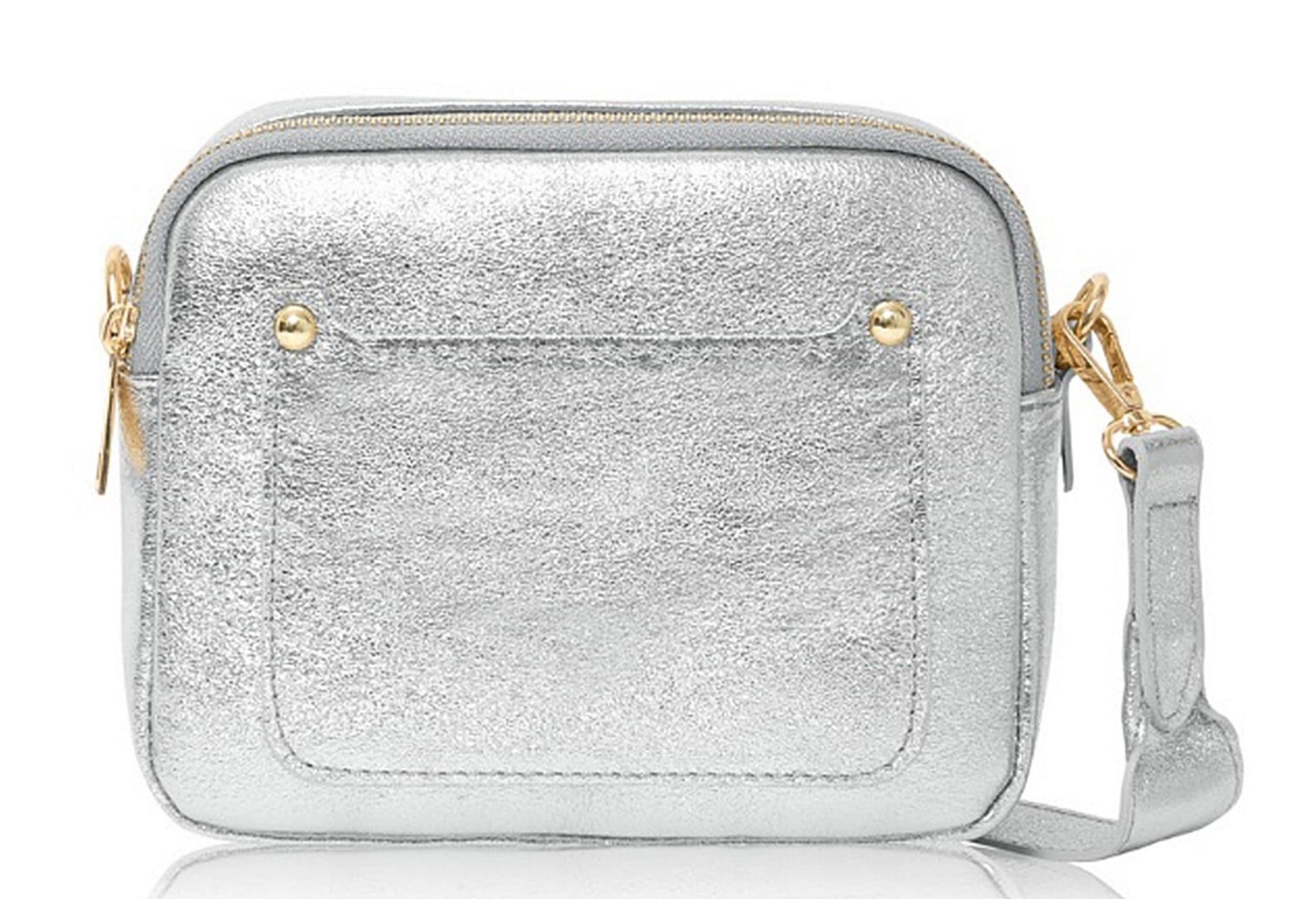 Vera Pelle Metallic Camera Style Bag With Double Compartments  Zips Crossbody Bag Italian Leather