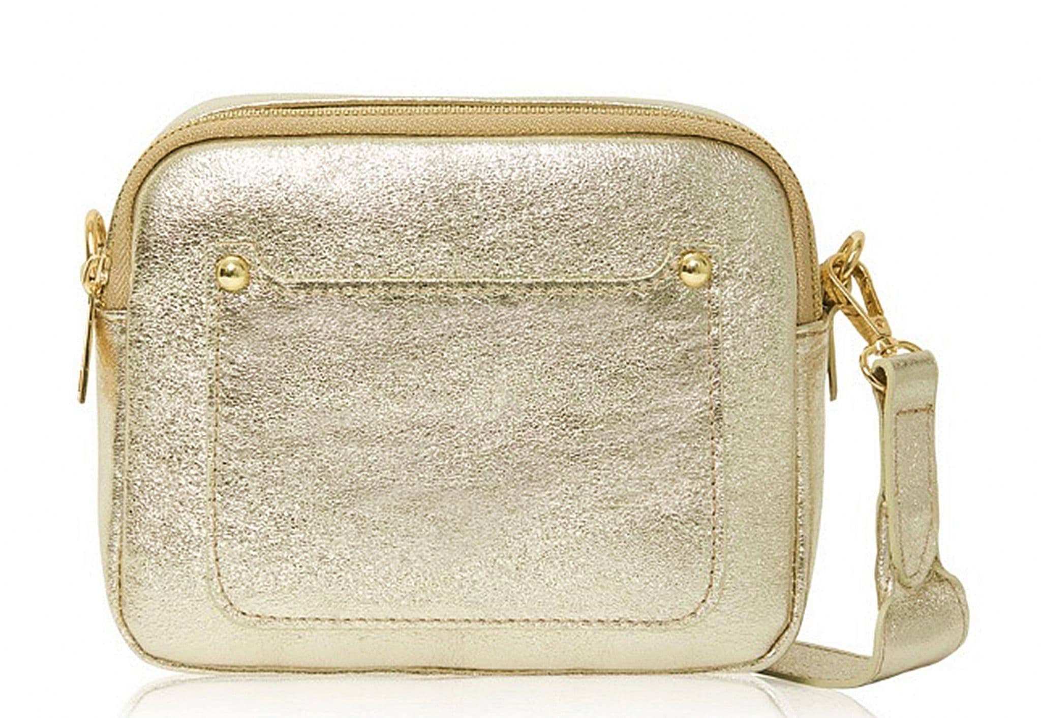 Vera Pelle Metallic Camera Style Bag With Double Compartments  Zips Crossbody Bag Italian Leather