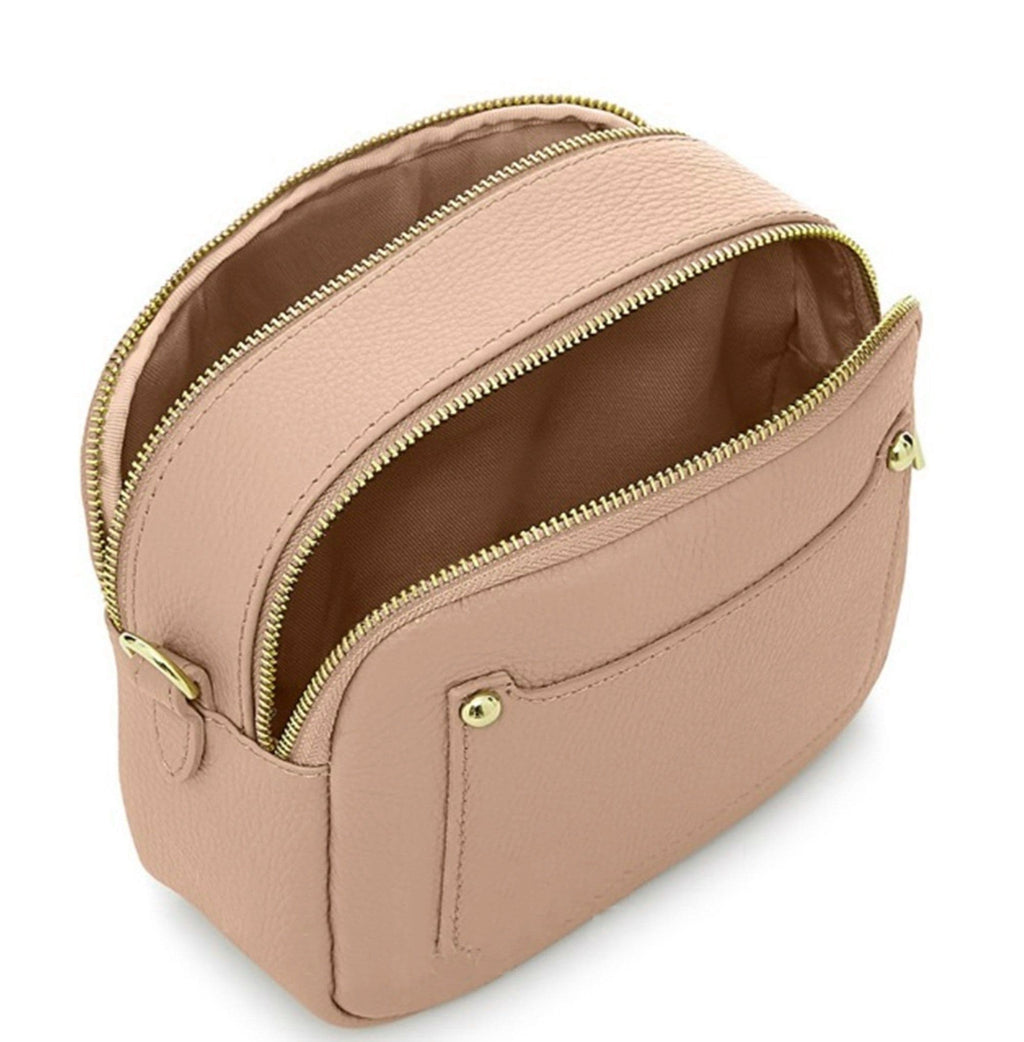 Vera Pelle Metallic Camera Style Bag With Double Compartments  Zips Crossbody Bag Italian Leather