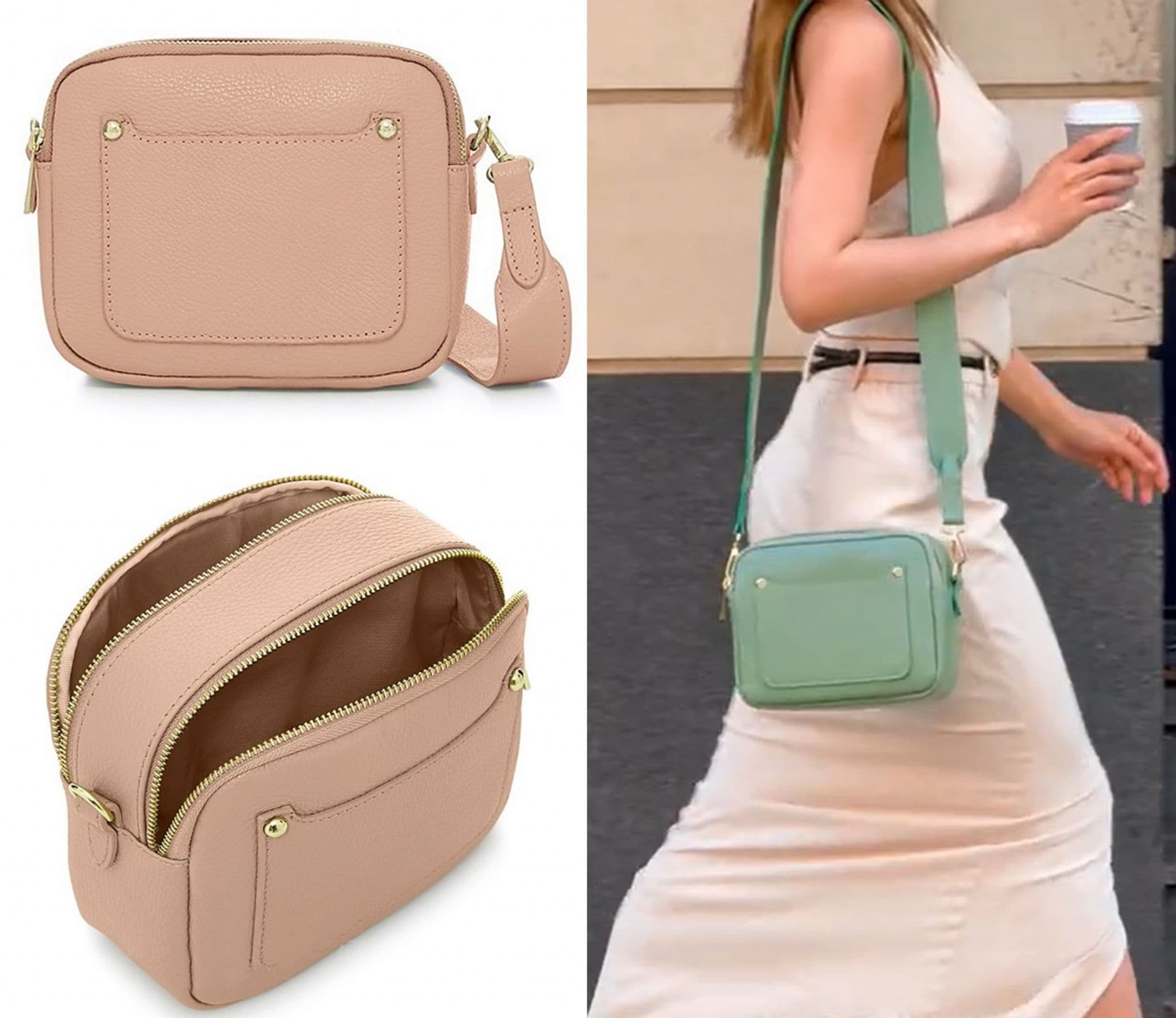 Vera Pelle Metallic Camera Style Bag With Double Compartments  Zips Crossbody Bag Italian Leather