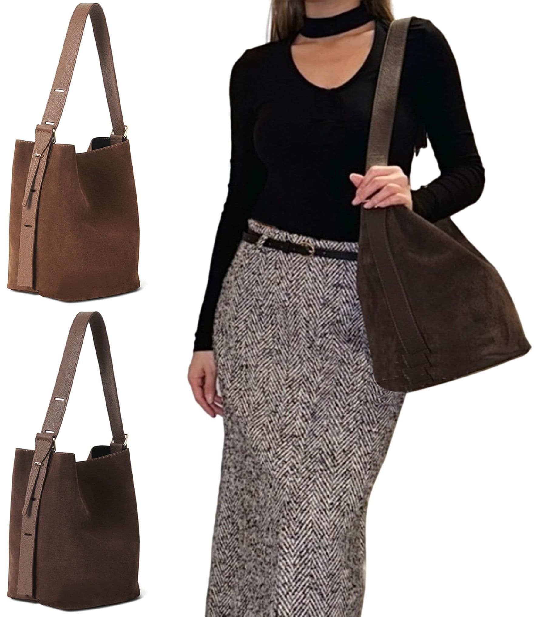 Vera Pelle Suede & Leather Shoulder Slouch Bag Italian Wide Leather Adjustable Strap Med -Lg