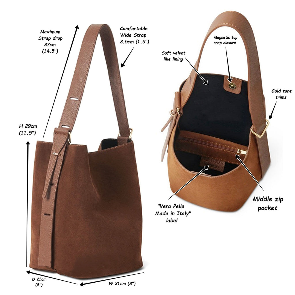 Vera Pelle Suede & Leather Shoulder Slouch Bag Italian Wide Leather Adjustable Strap Med -Lg