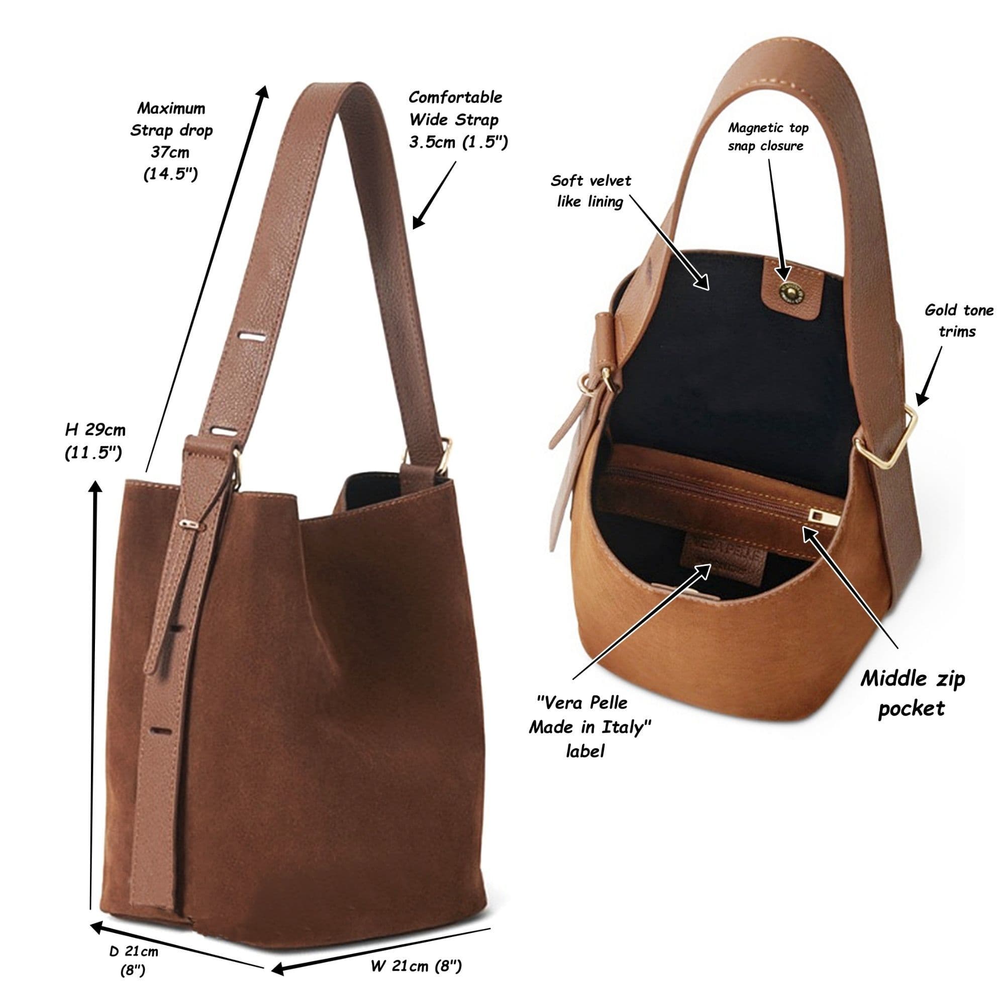 Vera Pelle Suede & Leather Shoulder Slouch Bag Italian Wide Leather Adjustable Strap Med -Lg