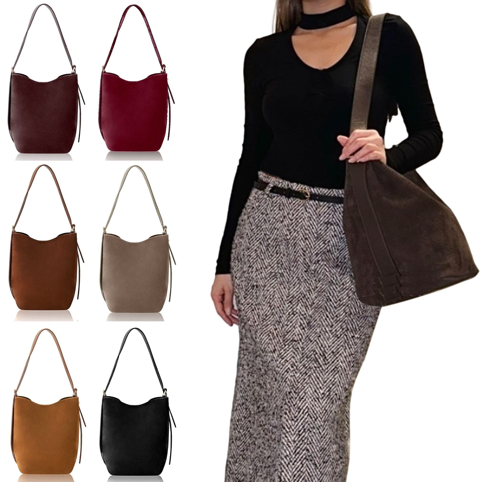 Vera Pelle Suede & Leather Shoulder Slouch Bag Italian Wide Leather Adjustable Strap Med -Lg