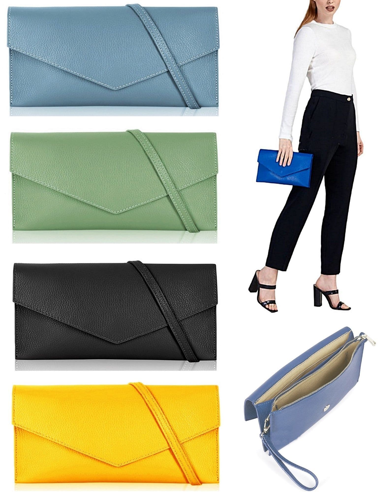 Wide Large Italian Leather Envelope Clutch Bag With Wrist & Crossbody Strap