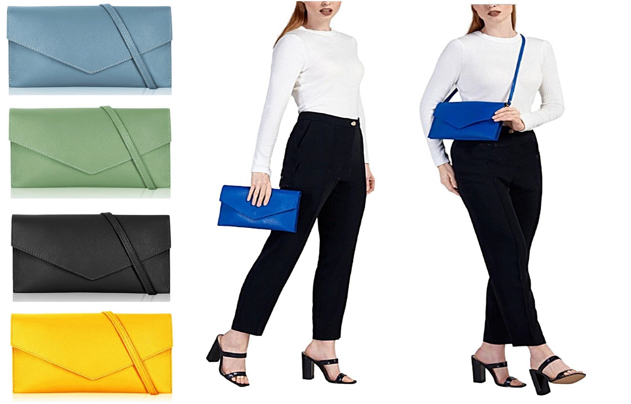 Wide Large Italian Leather Envelope Clutch Bag With Wrist & Crossbody Strap